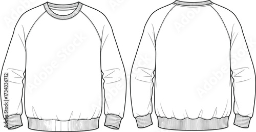 Raglan sweatshirt technical drawing—crew neck, ribbed cuffs, elastic hem—vector fashion sketch, garment design, casualwear blueprint, apparel illustration