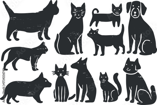 A collection of playful dog and cat silhouettes in black and white perfect for pet lovers..