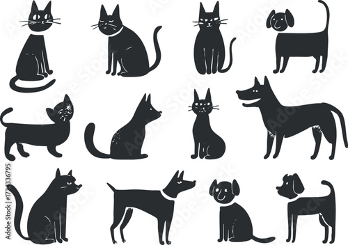 A playful collection of black silhouettes featuring various dogs and cats in whimsical poses..