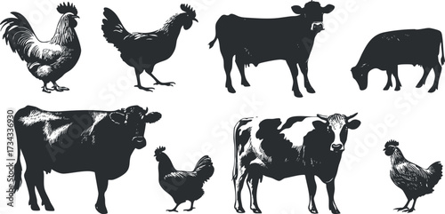 Silhouettes of various farm animals including chickens and cows depicted in black and white..