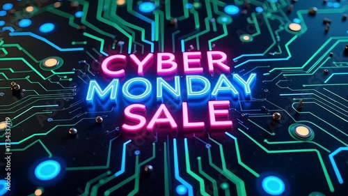 Cyber Monday sale glowing neon text on a futuristic circuit board background