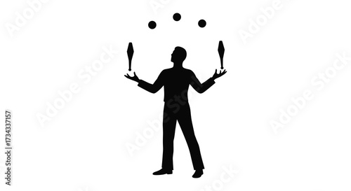 A juggler skillfully manipulates balls in a dramatic pose silhouette