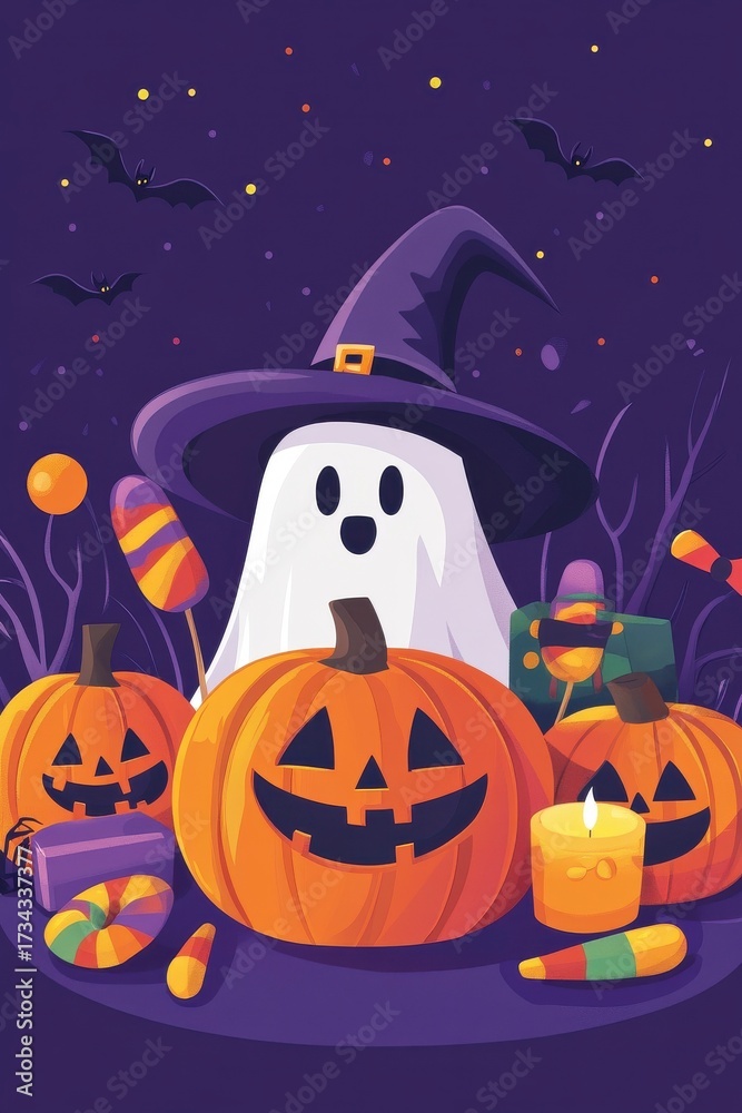 Fototapeta premium Spooky Halloween Scene with Ghosts, Pumpkins, and Lanterns