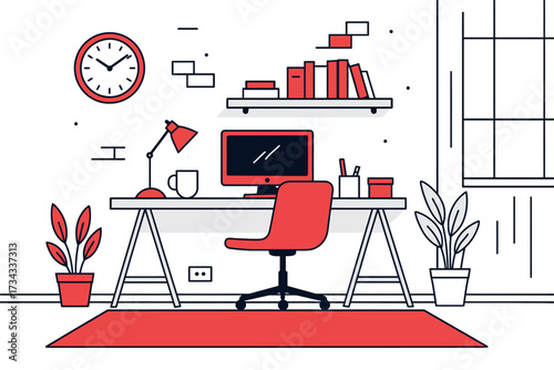 Modern home office interior with desk computer chair books and plants in minimalist style illustration