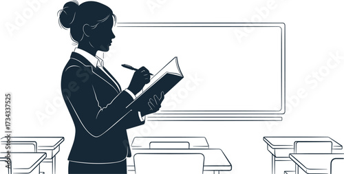 Teacher writing in book at classroom desk silhouette teacher, woman, writing, book, data, classroom, lesson, white, silhouette, black, teacher, illustration, lecture, woman, school, keywords:, teachin