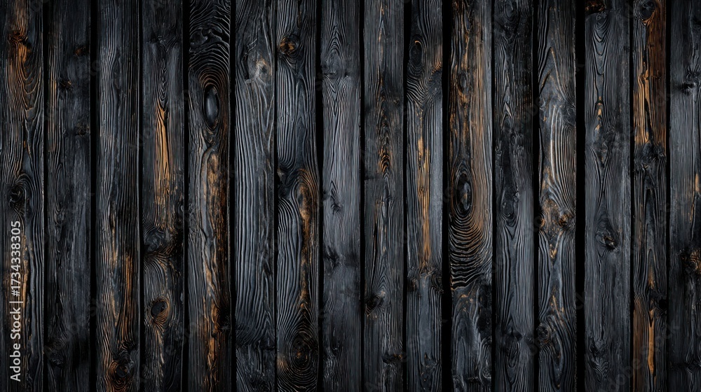 Naklejka premium Dark Charred Wood Planks with Visible Grain and Orange Accents black burnt