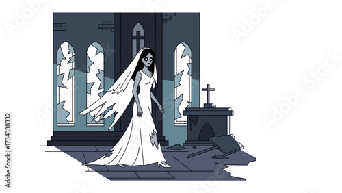 Haunted Bride's Eternal Vow: An ethereal bride in tattered gown glides through the ruins of a gothic chapel, evoking a spectral tale of love and loss. This illustration blends romance and mystery.