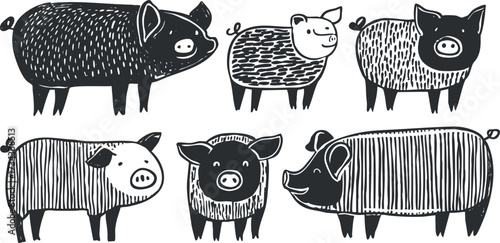 A playful illustration of various stylized pigs and a sheep in black and white..