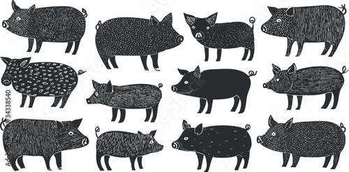 A whimsical illustration of various pigs in black and white artistic style..