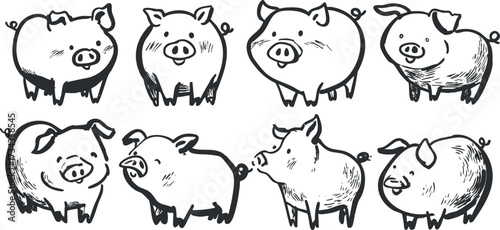 A collection of playful pig illustrations showcasing different expressions and poses in a whimsical style..