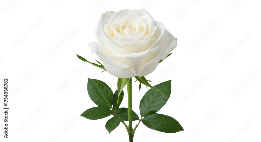 Fototapeta premium Isolated delicate beautiful white rose with green leaves on stem, fresh flower blossom