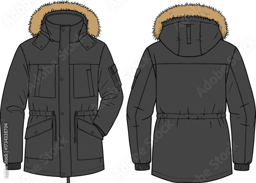 Winter parka jacket flat sketch, front and back views, fur hood design, technical garment illustration, vector outerwear template bundle
