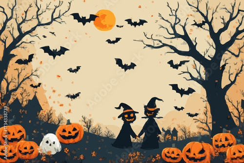Halloween night scene with pumpkin witches, flying bats, carved jack-o’-lanterns, spooky trees, and a glowing orange moon in the background.