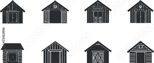 A collection of simple black and white shed illustrations showcasing various designs and styles..