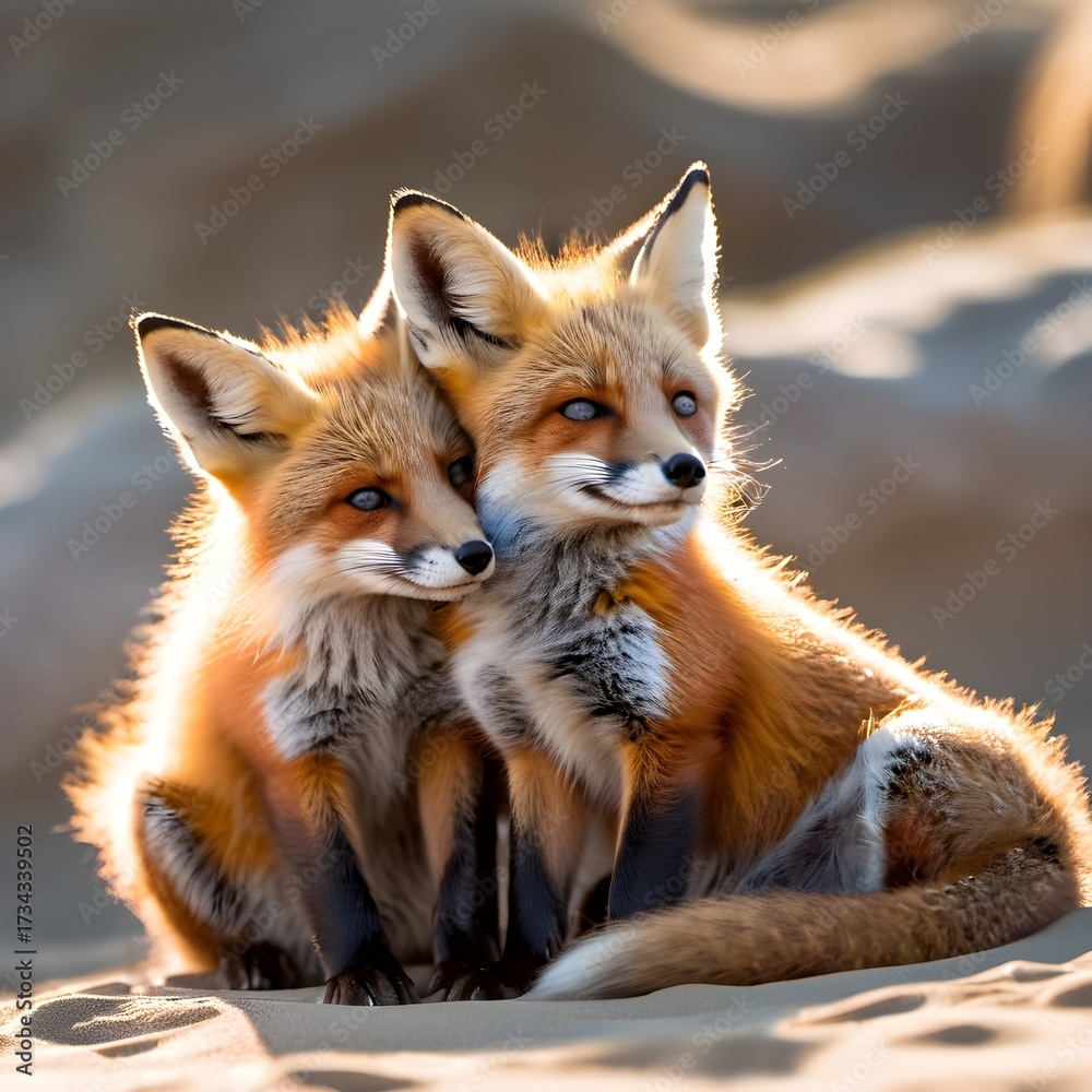 Fototapeta premium Adorable Red Fox Kits Cuddle in Golden Desert Sunlight