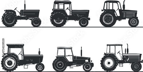 Collection of six vintage tractors in silhouette showcasing agricultural machinery for farming..