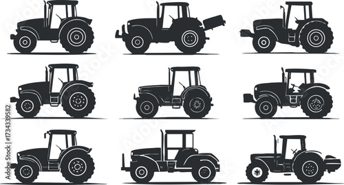A collection of silhouetted tractors showcasing various styles and designs for agricultural use..