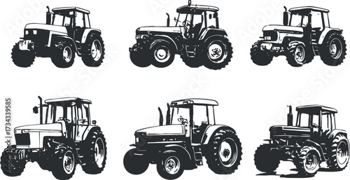 Collection of black and white tractor silhouettes ideal for agricultural and farming themes.