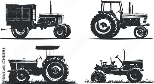 Illustration featuring four different styles of tractors in black and white design..