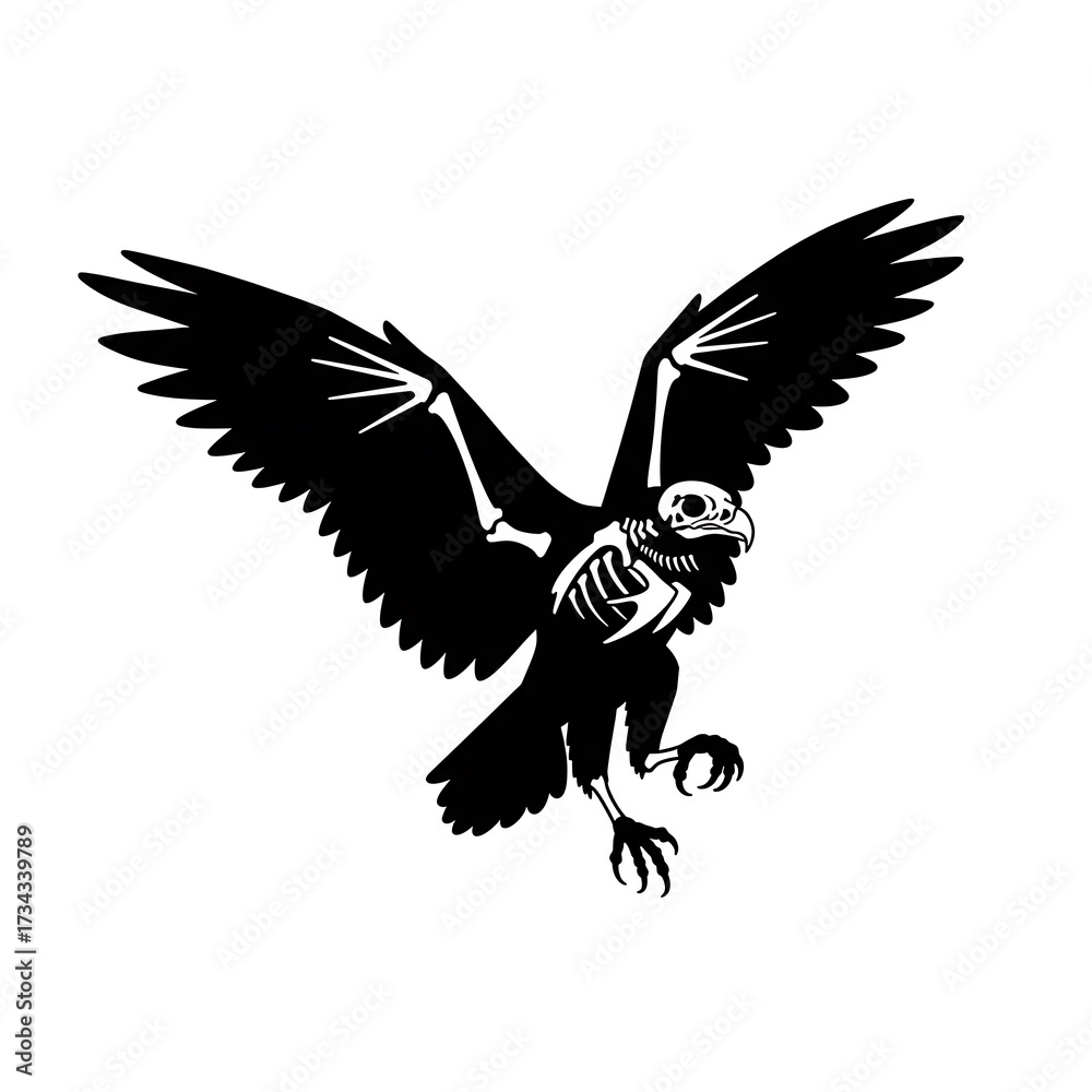 Obraz premium Eagle Skeleton Silhouette Flying Black and White Design with Isolated on White Background.