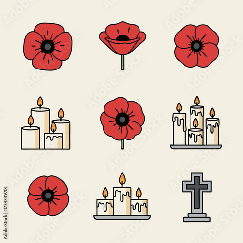 Remembrance Day Icon Set Collection of Poppies, Candles, and Cross for Memorials