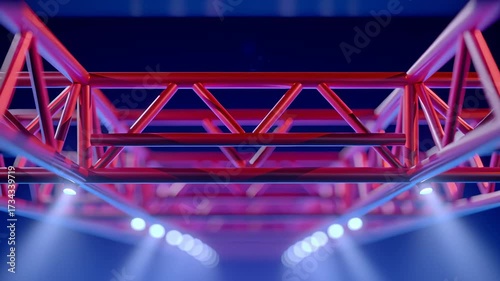 Colorful metal truss structure illuminated by shifting and bright lighting creating vibrant dynamic atmosphere at night