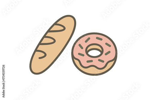 Freshly baked baguette and sweet pink frosted donut representing a variety of delicious bakery items