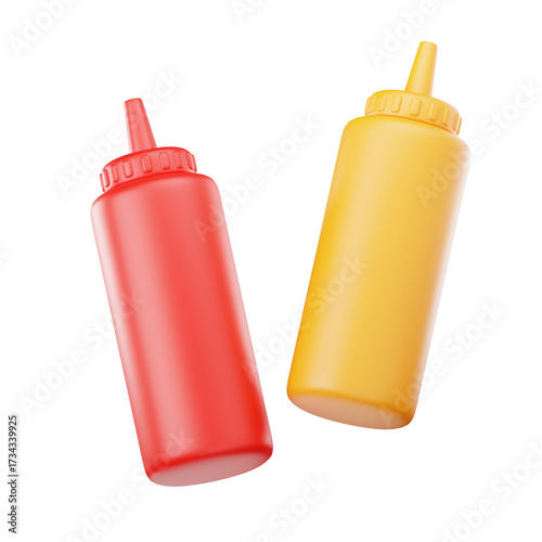 Two squeeze bottles, one red for ketchup and one yellow for mustard, isolated on a white background.