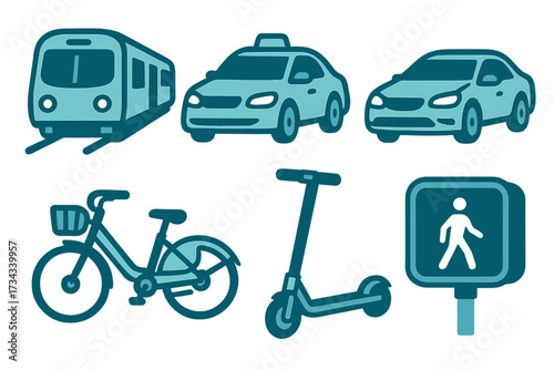 Urban transportation modes and pedestrian crossing sign featuring train, taxi, car, bicycle, and electric scooter