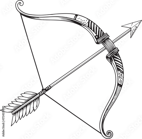 Bow Arrow Hand-drawn Sketch Drawing Vector Illustration, Line Linear Symbol Engraving Coloring Book, Black and White Isolated
