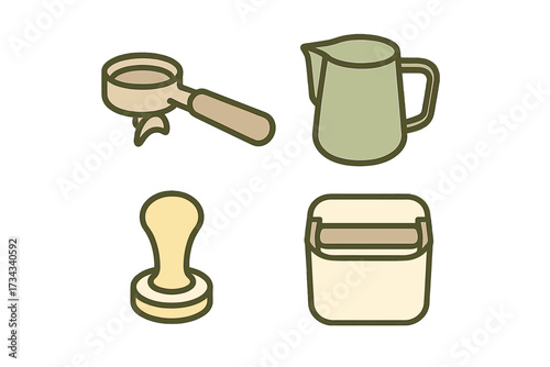Essential barista tools and equipment for espresso coffee preparation including portafilter, tamper, milk pitcher, knock box