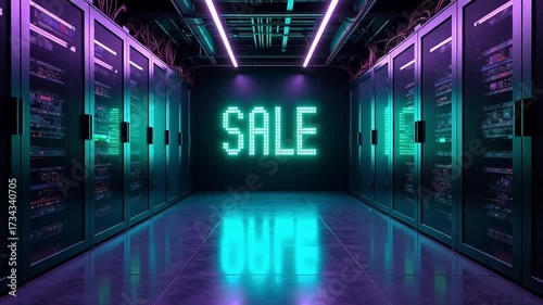 Digital data center with glowing SALE sign, futuristic technology concept