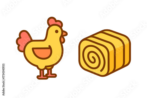 Stylized farm chicken and rectangular hay bale, representing rural life, agricultural themes, and animal husbandry concepts