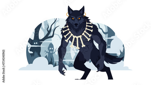 Werewolf Illustration: An imposing illustration of a werewolf with fierce eyes and menacing features, standing prominently against a spooky, otherworldly forest background.