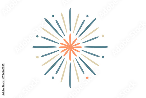 Vibrant abstract radial burst with a central star-like shape, radiating lines, and scattered dots creating a dynamic visual effect