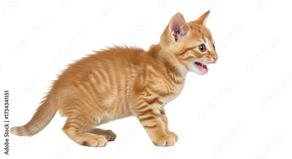 Εκτύπωση καμβά Isolated orange tabby kitten calling out with open mouth, looking cute and adora