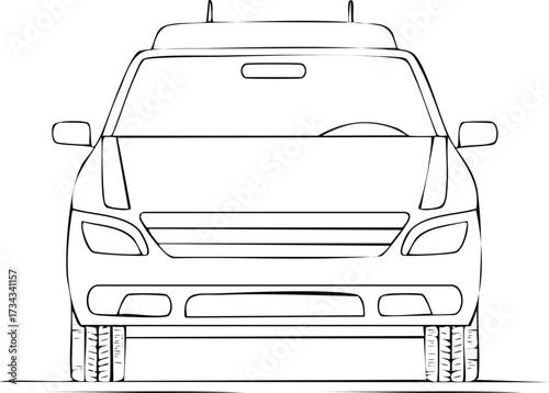 Monochrome line drawing of a generic sport utility vehicle front view. Clean vector outline sketch isolated on white background