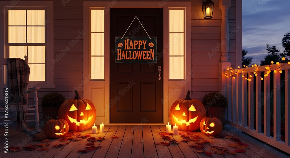 Obraz premium Spooky Halloween Porch with Jack-o'-lanterns, Candles, and Lights
