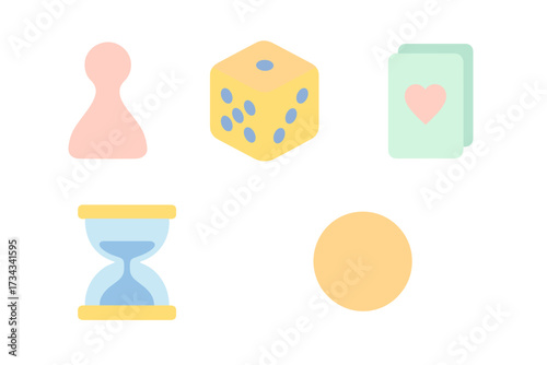Colorful collection of board game pieces and elements including dice, playing cards, pawn, and hourglass