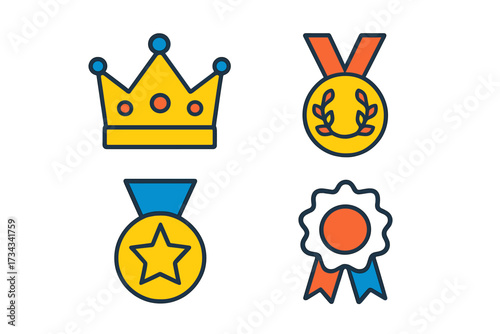 Achievement and success symbols with a royal crown, gold medals featuring a star and wreath, and a colorful award rosette