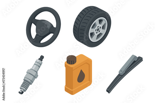 Isometric car parts set including steering wheel, tire, spark plug, engine oil, and windshield wiper
