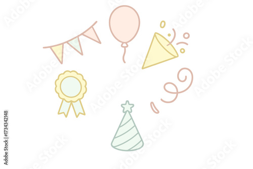 Vibrant pastel party celebration elements including balloons, hats, banners, and confetti for festive events