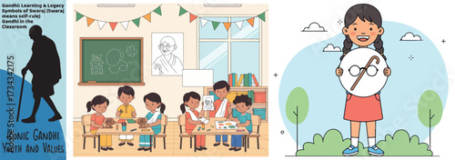 Indian independence day celebration in a classroom with students learning about mahatma gandhi and national symbols
