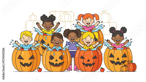 Halloween Pumpkin Celebration: A lively illustration captures a group of diverse, joyful children gleefully enjoying a Halloween-themed celebration, bringing smiles and cheer.