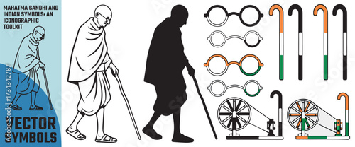 Iconic silhouette and line art depictions of mahatma gandhi with walking sticks and round eyeglasses symbolizing peace and independence
