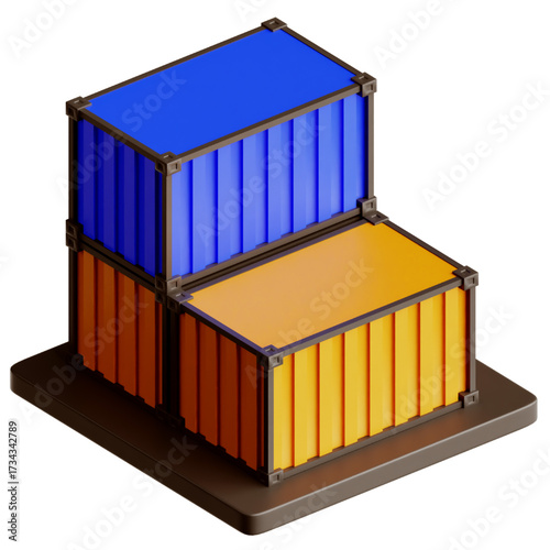 Colorful blue and orange shipping containers stacked in an isometric view, a 3D icon representing cargo transport, freight, and global logistics