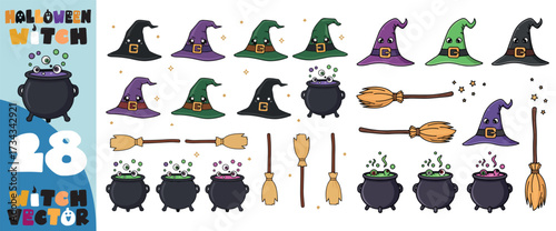 Collection of halloween themed illustrations featuring witches hats cauldrons broomsticks and spooky elements for holiday design