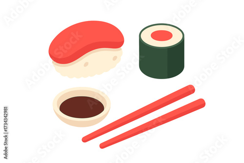 Isometric sushi set with nigiri, maki roll, soy sauce, and chopsticks on a white background