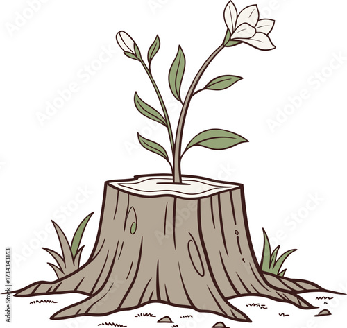 A detailed illustration of a plant growing out of a tree stump, with a white flower blooming.