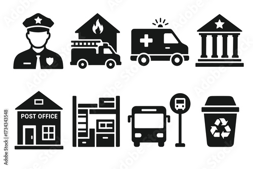 Essential public service icons: firefighter, ambulance, police, government, post office, transportation, recycling